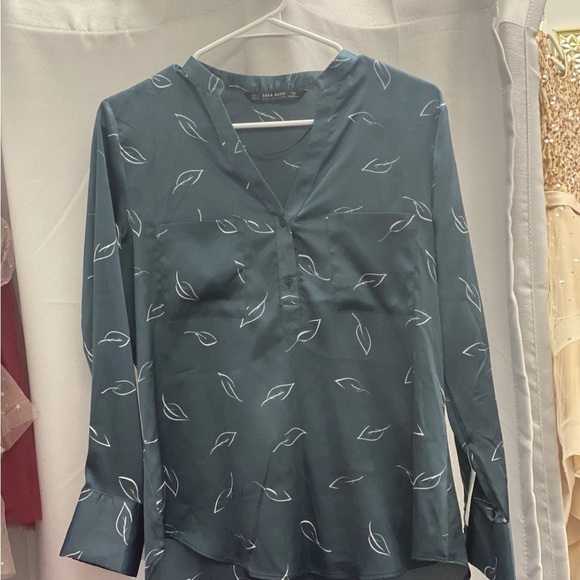 Zara Tops - Zara Teal Blouse with Leaf Pattern